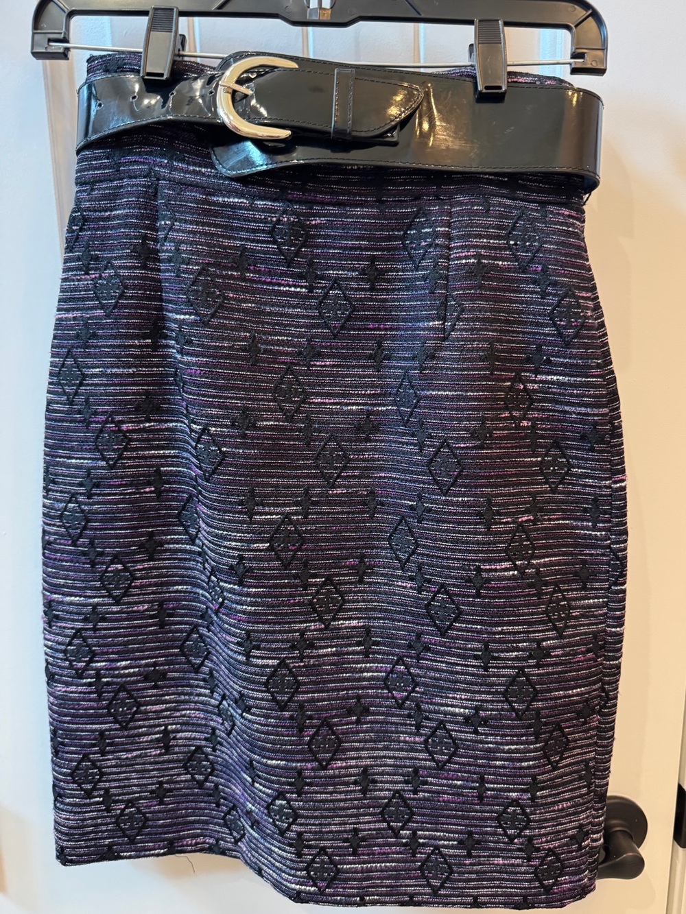 ANTONIO MELANI Purple I and Black Patterned Pencil Skirt with Patent Belt